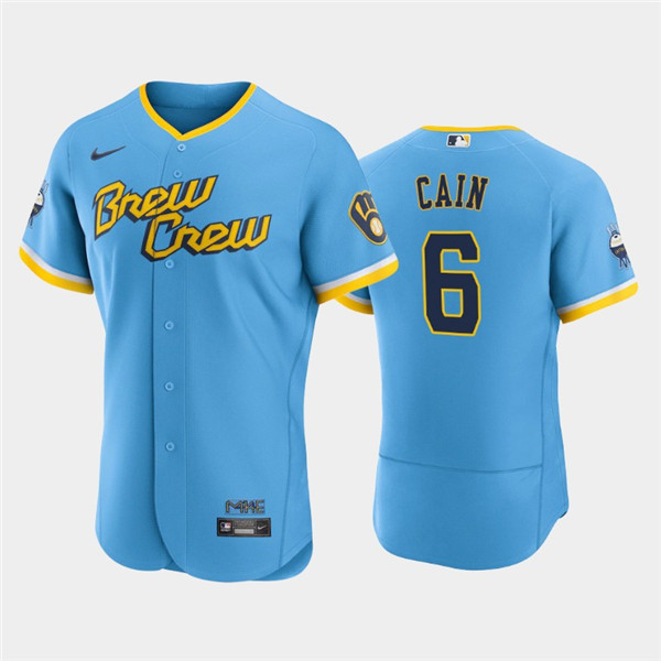 Men's Milwaukee Brewers #6 Lorenzo Cain Powder Blue 2022 City Connect Flex Base Stitched Jersey